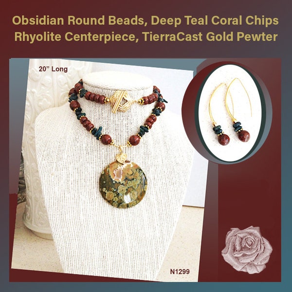 20" Green Coral Sticks and Obsidian Necklace, Rhyolite Centerpiece, Gold Accents and Toggle Clasp, and Matching Gold Threader Earrings