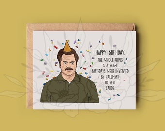 Funny Ron Swanson Inspired Birthday Scam Greeting Card, TV Birthday Card,