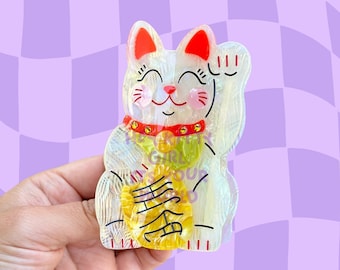 Lucky Cat Hair Claw: Iridescent Acetate Kitty Clip, Hair Accessory