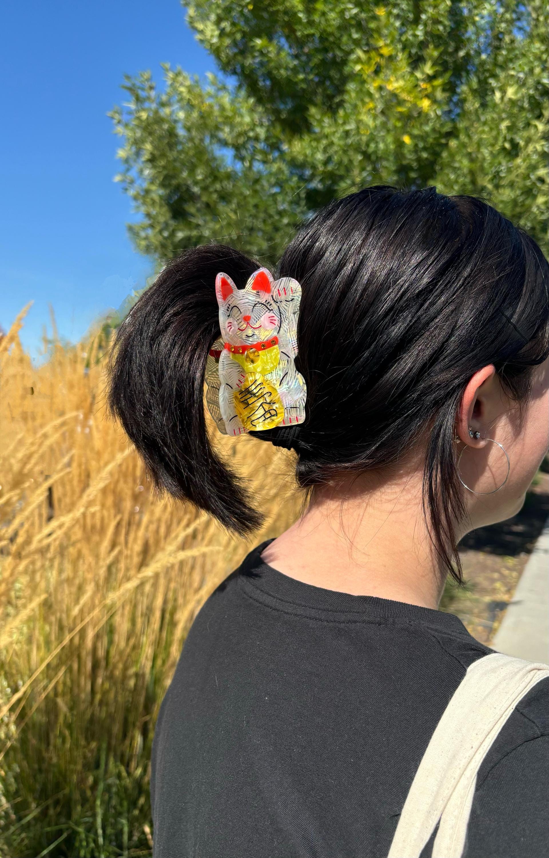 Lucky Cat Hair Claw: Iridescent Acetate Kitty Clip, Hair Accessory