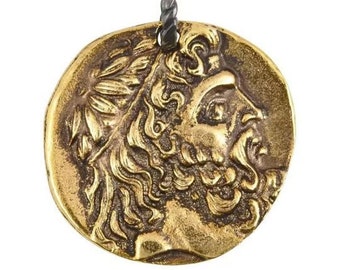 Jewelry Pendant-Antique Gold Greek Coin with Gunmetal Twisted Jump Ring