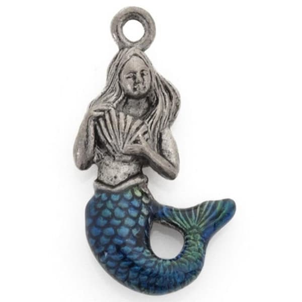 Pewter-13x22mm Blue/Green Hand Painted Mermaid Charm-Antique Silver-Pendant-Quantity 1