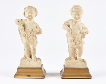 Vintage Pair Of Italian Borghese Plaster Chalkware On Gilt Wood-Decorative Ornamental Home Decor Sculptural Figurines