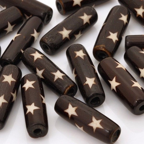 Carved-9x25mm Batik Tube Bead With Star Design-Black-Quantity 1