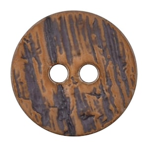 May include: A round button with two holes, featuring a textured surface with brown and dark gray streaks. The button has a rustic, weathered appearance, suitable for various sewing and craft projects.