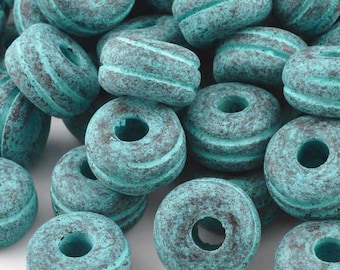 Ceramic Beads-17mm Rondelle with Grooves-Green Patina-Quantity 1