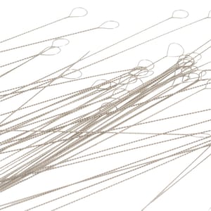 May include: A collection of thin, silver-colored wires with small loops at the ends, arranged against a white background. The wires appear to be made of a flexible material, possibly metal or a synthetic fiber.