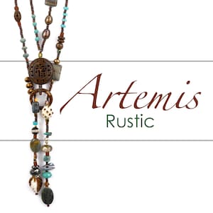 May include: A long, multi-strand necklace with brown, turquoise, and white beads. The necklace features a large, carved wooden pendant with a circular design. The text "Artemis Rustic" is displayed below the necklace.