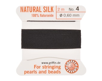 Griffin Silk Bead Cord Size 4 Black with Needle – 2 Meter Natural Silk Thread