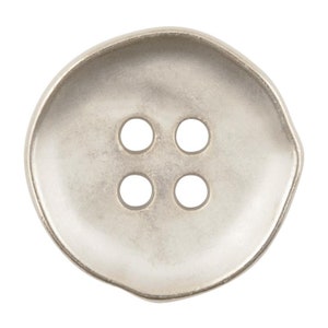May include: A silver-toned, four-hole button with a slightly rounded, irregular shape.
