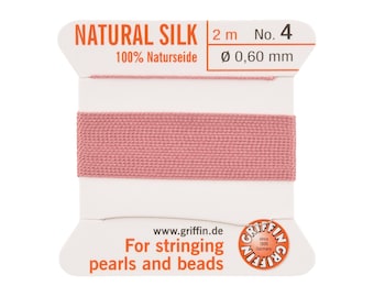 Griffin Silk Bead Cord Size 4 Dark Pink with Needle – 2 Meter Natural Silk Thread