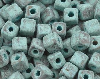 Ceramic Beads-5mm Cube-Green Patina-Quantity 10