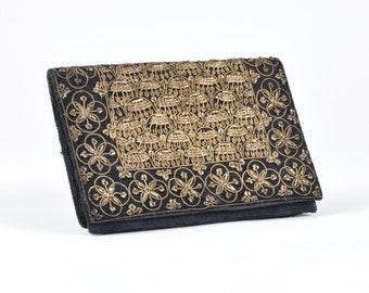 Vintage Beaded Purse-Black Corduroy Clutch Bag-Bronze Gold Beads and Trim-Made in India