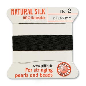 Supplies-Natural Silk Cord-Size 02 Griffin Thread-Attached Twisted Needle-Black-2 Meter-Quantity 1 Card