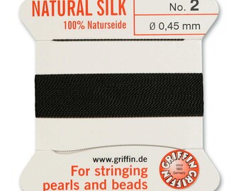 Griffin Silk Bead Cord Size 2 Black with Needle – 2 Meter Natural Silk Thread
