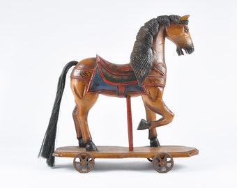 Vintage Home Decor-Antique Hand Carved Wooden Hand Painted Toy Horse With Cast Iron Wheels