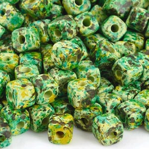 Ceramic Beads-7mm Cube-Medium Green Splash-Quantity 2