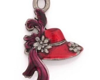 Pewter-13x18mm Hat With Feather Charm-Hand Painted-Antique Silver-Quantity 1