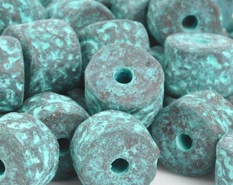 Ceramic Beads-10x13mm Coarse Round Tube-Green Patina-Quantity 1