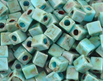Seed Beads-4mm Cube-4514 Opaque Turquoise Picasso-Miyuki-7 Grams