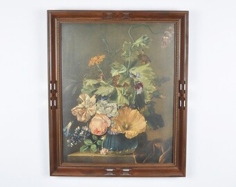 Framed Vintage Print-Still Life-Brown Frame With Bronze Rope Inner Border-Wall Art Decor-RARE FIND