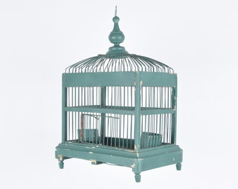 Vintage Italian Architectural Designed Handmade Wood and Metal Bird Cage-Teal Green-Antique Birdhouse Decor