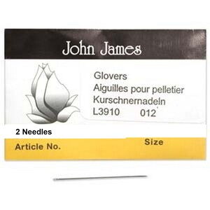 May include: A package of John James Glovers needles featuring a black and white floral graphic. The packaging displays the text John James, Glovers, Aiguilles pour pelletier, Kurschernadeln, L3910, 012, 2 Needles, Article No., and Size. A single needle is shown below.