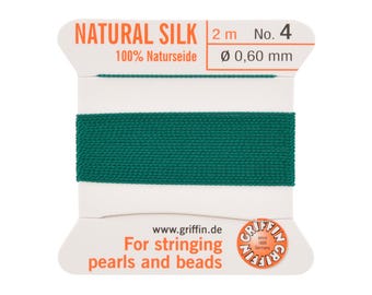 Griffin Silk Bead Cord Size 4 Green with Needle – 2 Meter Natural Silk Thread