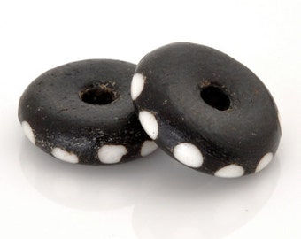 Carved-15mm Rondelle Bead-Brown With White Dots-2mm Large Hole-Quantity 5