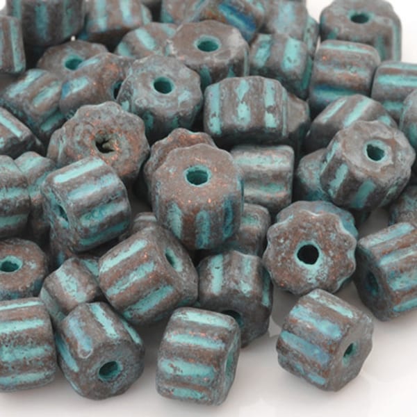 Ceramic Beads-6x9mm Ridged Tube-Green Patina-Quantity 1 Bead