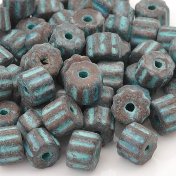 Ceramic Beads-6x9mm Ridged Tube-Green Patina-Quantity 1