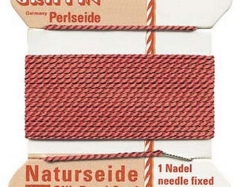 Supplies-Natural Silk Cord-Size 02 Griffin Thread-Attached Twisted Needle-Coral-2 Meter-Quantity 1 Card