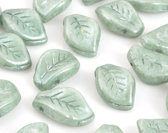 Czech Glass-9x14mm Horizontal Hole Leaf Bead-Chalk White Teal Luster-Czech-Quantity 2