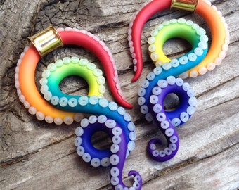 Rainbow Cephalopod for Thin Walled Eyelets - Earrings for Stretched Lobes - Gauges