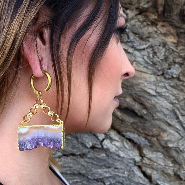 Amethyst Slice Ear Weights - Earrings for Stretched Lobes - Plugs - Gauges