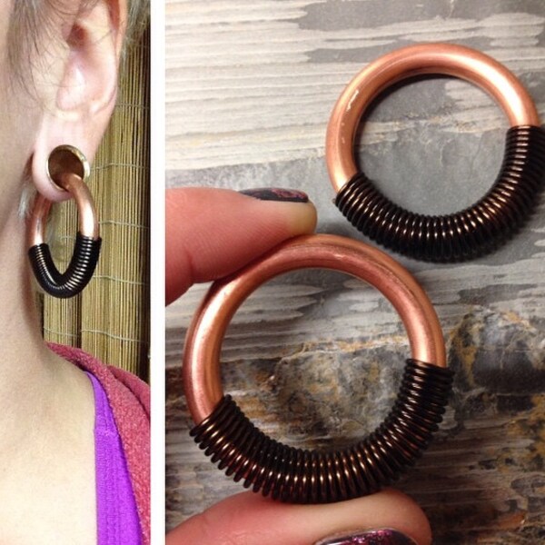 Coil Closure Copper Hoops - 1.5" Diameter - Earrings for Stretched Lobes - Gauges