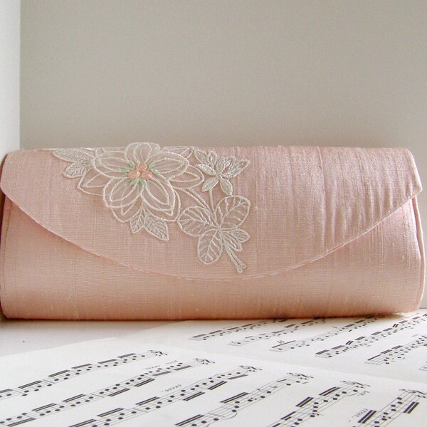 Peach pink silk clutch purse with lace flower, Formal evening clutch