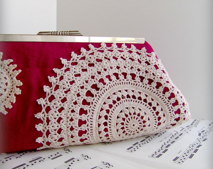Magenta Linen Clutch Purse With Vintage Doilies Fall Fashion. Etsy