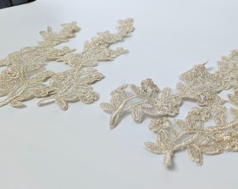 Champagne and gold beaded lace appliques, two mirrored sets, four total