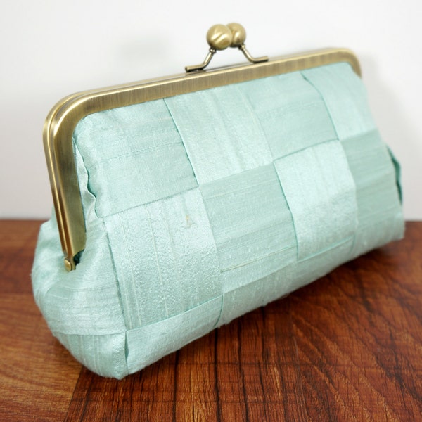 Mint green silk clutch purse, kisslock purse, woven clutch bag, Spearmint green clutch