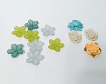 Flatback floral cabochons and lucite floral buttons, blue, teal, green