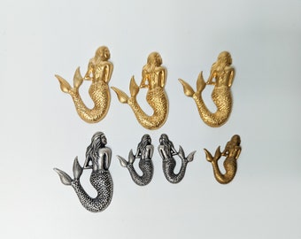 Assorted mermaid metal brass stampings, raw brass, silver oxidized,