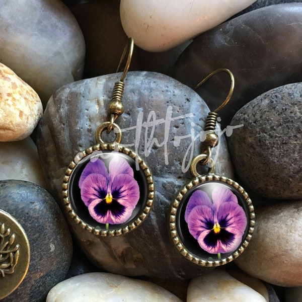 Pansy Flowers Floral Mix Design Choice Of Antique Bronze Glass Domed Dangle Earrings