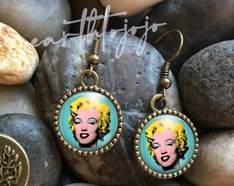 Marilyn Monroe Warhol 1950's Bombshell  Antique Bronze Glass Domed Dangle Earrings