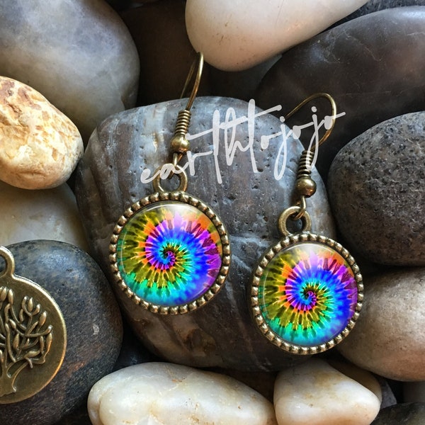 Tie Dye Hippie Antique Bronze Glass Domed Dangle Earrings