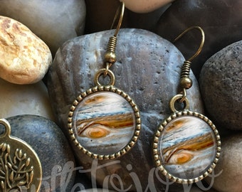 Planet Jupiter Antique Bronze Glass Domed Dangle Earrings