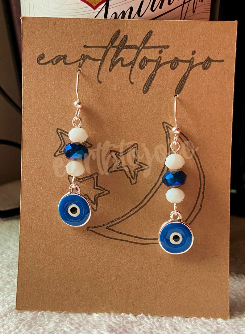 EVIL EYE Silver Plated And Enameled Charm Faceted Glass Beads Double Sided Silver Plated Dangle Earrings