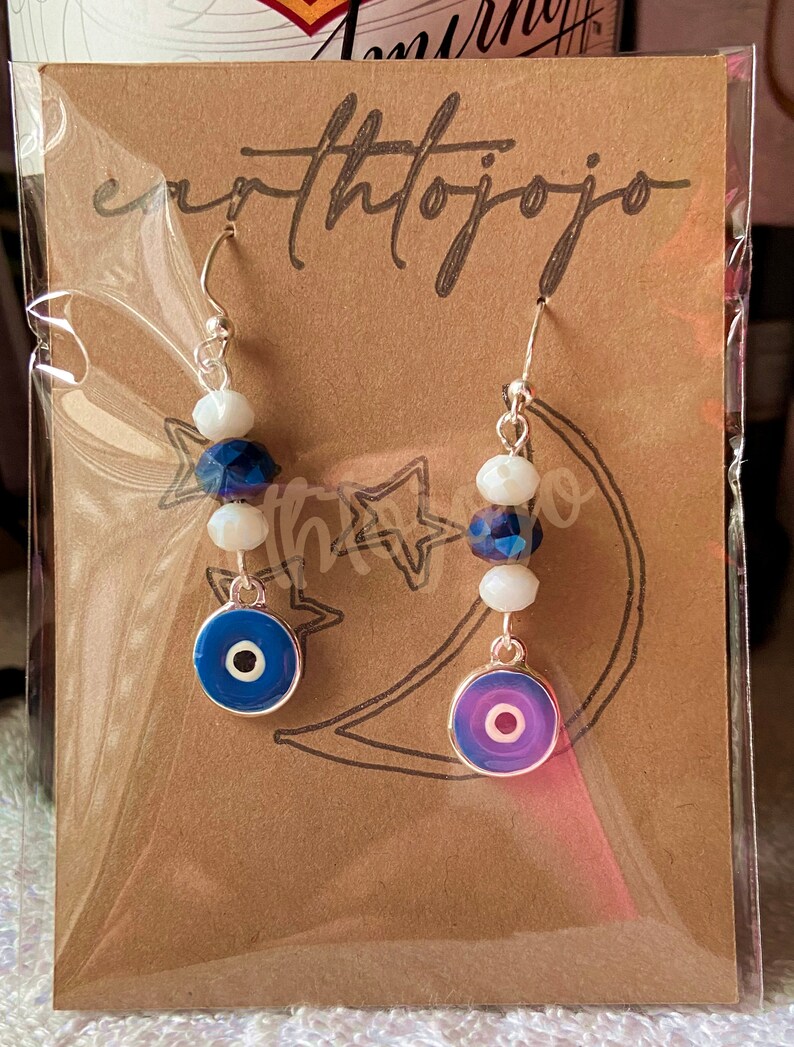 EVIL EYE Silver Plated And Enameled Charm Faceted Glass Beads Double Sided Silver Plated Dangle Earrings