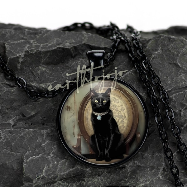 Beautiful Black Cat Black Pendant Necklace Setting 1" Round Glass Top Pendant With Chain USA