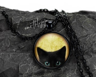 Black Peeking Kitten Black Pendant Necklace Setting 1" Round Glass Top Pendant With Chain USA